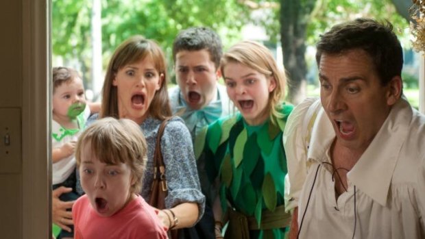 What happened! Steve Carell (right), Jennifer Garmer (left), Ed Oxenbould (front) and the rest of the family in <i>Alexander and the Terrible, Horrible, No Good, Very Bad Day</i>.