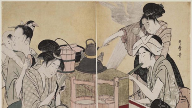 Hymn to Beauty: The Art of Utamaro at the Art Gallery of NSW Yugiri and Izaemon. From the series Manipulations of love with musical accompaniment (c1801-02). colour woodblock print.