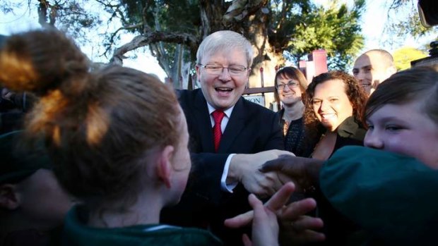 Prime Minister Kevin Rudd at a school in Sydney where he ruled out any rise to the GST should Labore retain power.
