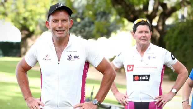 Mr Abbott and dumped Cabinet Minister Kevin Andrews on the 2016 Pollie Pedal.