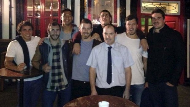 Fateful night: Wallabies at Dublin's Brazen Head. (From left) Nick Phipps, Nic White, Israel Folau,  Bernard Foley, Dave Dennis, Gerry the barman, Adam Ashley-Cooper and Ben Mowen.