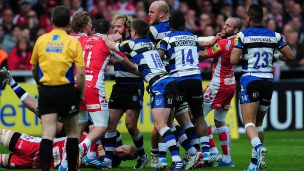Players from Gloucester and Bath clash in an ugly match in the English Premiership.
