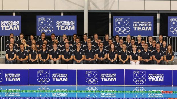 The Australian Olympic Swimming Team pose during the official 2012 team announcement at the South Australian Aquatic & Leisure Centre in Adelaide.
