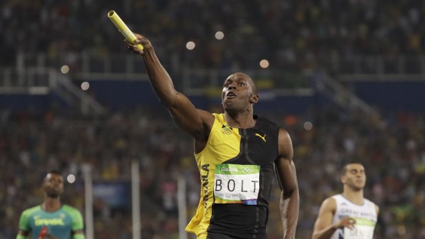 Relay gold: Jamaica's Usain Bolt celebrates.