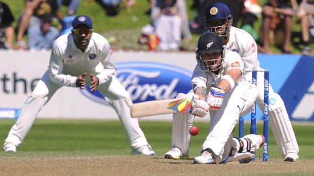 Brendon McCullum sweeps during his unbeaten 114 on the third day of the second Test in Wellington.