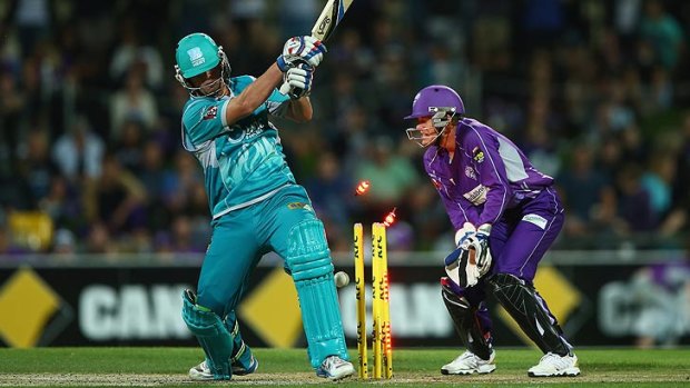 Brisbane Heat's Ben McDermott is bowled by Cameron Boyce of the Hobart Hurricanes at Blundstone Arena on Thursday night.