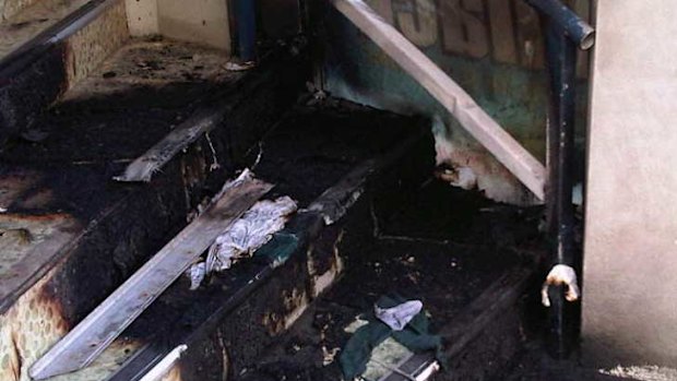 Damage to the staircase at the hostel.