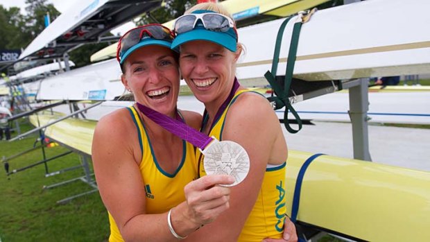 Overjoyed ... Kate Hornsey and Sarah Tait celebrate their silver medal in the women’s pair at  Eton Dorney. They finished behind Great Britain.