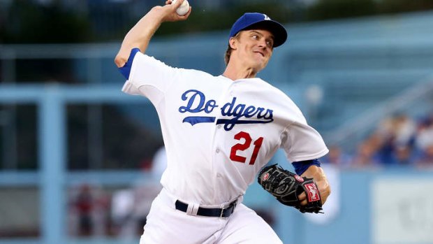 Zack Greinke of the Los Angeles Dodgers pitches earlier this year.