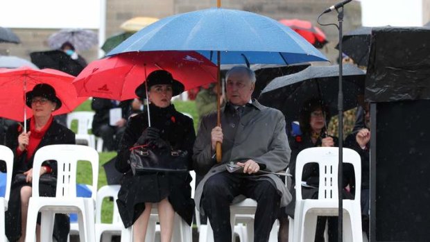 Canberra drenched... Former Prime Minister Paul Keating at the Remembrance Day Ceremony.