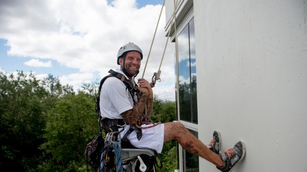 Hanging off the Landmark apartments in Barton on Wednesday was Stefano Dubbiosi from CPR Painting. He  trains the painters to abseil and is also a keen yachtie, usually hanging off a mast.