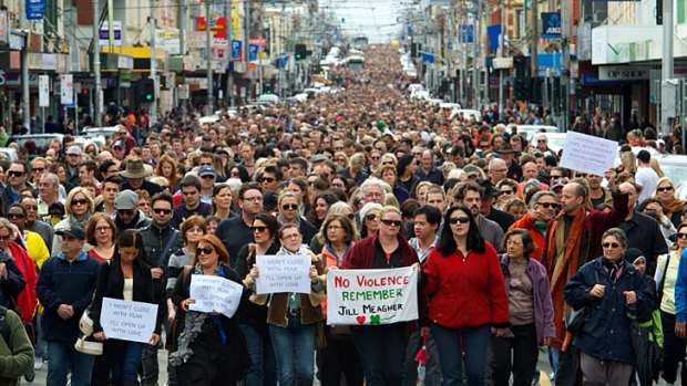 Catalyst ... a line of people more than a kilometre long marched in Sydney Road, Brunswick, yesterday in memory of Jill Meagher.