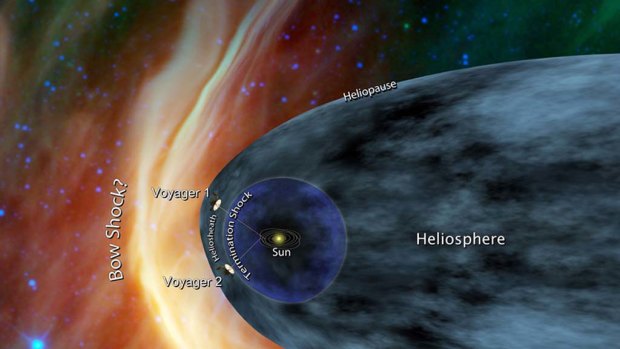 Artist's concept shows Voyager 1 and Voyager 2 at the edge of the solar system.