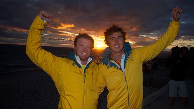 Australia's Iain Jensen and Nathan Outteridge celebrate their gold in Weymouth.