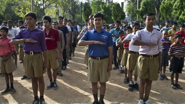 Indian swayamsevaks, or volunteers, from the Rashtriya Swayamsevak Sangh, the Hindu paramilitary organisation.