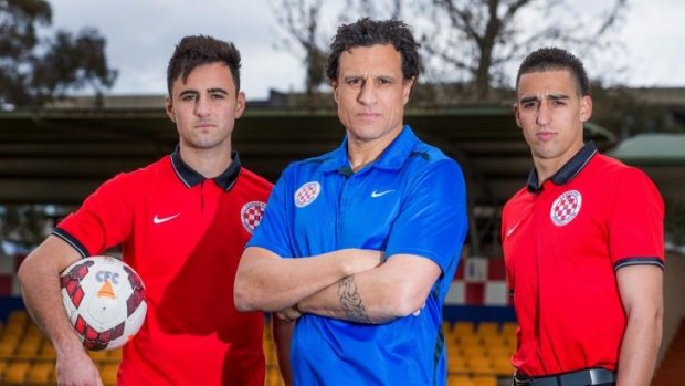 Ready for battle: Canberra FC's James Field, coach Andy Bernal and Josip Jadric are ready for Wednesday's clash with Sydney FC.