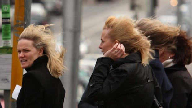 Wind chill ... cold air is spoiling moods and hairstyles across Sydney.