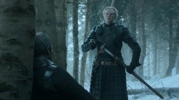 Not looking good ... Brienne of Tarth draws her sword before the defeated Stannis Baratheon at the end of <i>Game of Thrones</i> season 5.