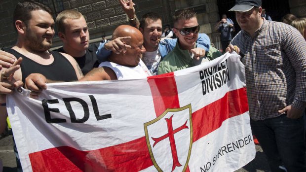 The EDL gathered outside the Old Bailey Thursday during the sentencing of six men who planned a terror attack on an EDL rally in 2012. The plot failed when the men arrived at the event two hours too late.