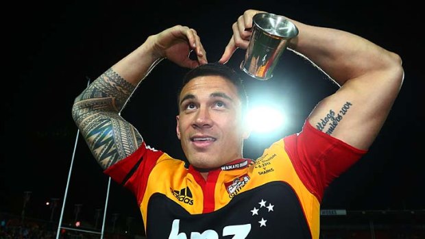 Favourite Sonny &#8230; Chiefs star Sonny Bill Williams after the Waikato franchise won the Super Rugby title last year in Hamilton. Williams has returned to rugby league.
