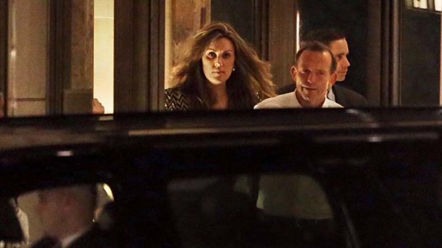 Dinner guests: Tony Abbott and his chief-of-staff, Peta Credlin, leave Rupert Murdoch's apartment building.