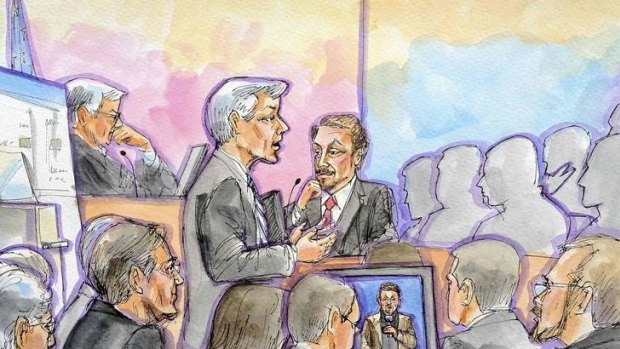 Oracle CEO Larry Ellison (center right) is pictured being questioned by Google attorney Robert Van Nest during the second day of trial over patents involving Java.