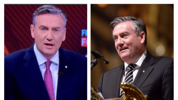 A composite image showing a trimmer Eddie McGuire on Fox Footy on Friday, June 23 (left) and on May 17 this year (right). 