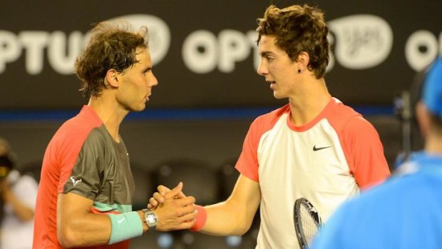 Outclassed: Thanasi Kokkinakis shakes hands after losing to Rafael Nadal at the Australian Open in January.
