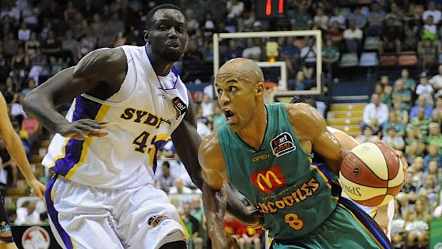 Minor chance &#8230; Jerai Grant of the Kings in-bounds past Townsville's Peter Crawford during the Crocodiles' narrow victory.