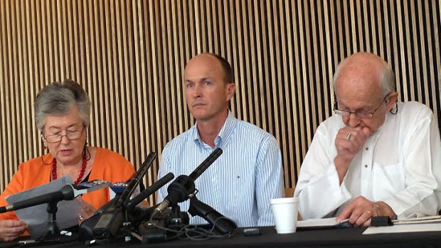 Lois (left) and Juris Greste with their son Andrew Greste address the media.