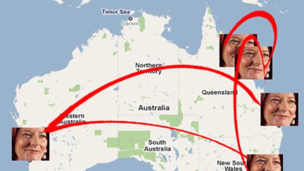 The long way round ... Julia Gillard has flown from Townsville to Mackay to Brisbane - via Sydney and Perth.