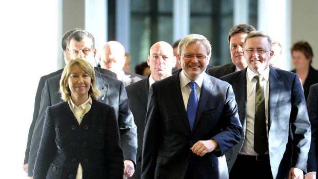 Last days of Chez Kevin … Kevin Rudd and some of his supporters, including the author (at left) and Anthony Albanese (at right), arrive for the ALP leadership meeting in Canberra on June 24, 2010.