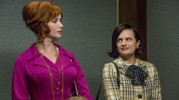 Joan Harris (Christina Hendricks) and Peggy Olson (Elizabeth Moss) in the first episode of the final season of <i>Mad Men</i>.