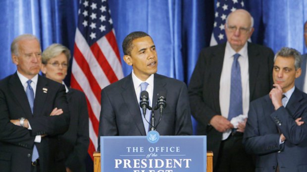 Barack Obama  discusses the economy yesterday. Among those with him were vice-president-elect Joe Biden (far left) and newly appointed chief of staff Rahm Emanuel (far right).
