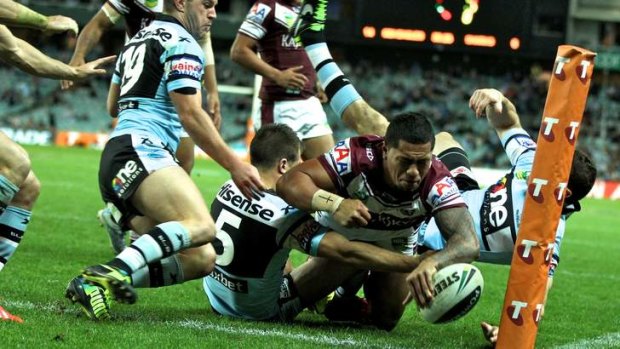Contentious: Jorge Taufua's try against Cronulla.
