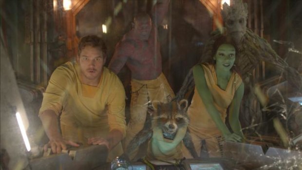 Space gang: From left, Chris Pratt, Dave Bautista, Bradley Cooper's Rocket, Zoe Saldana and the Vin Diesel-voiced Groot.