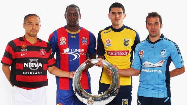 A-League stars ... Western Sydney's Shinji Ono, Newcastle Jets striker Emile Heskey, Canberra and Central Coast Mariners forward Tom Rogic and Sydney's marquee signing Alessandro Del Piero.