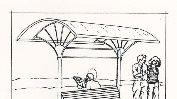 Conventional: Commuter with halo at NCDC's 1987 bus shelter.