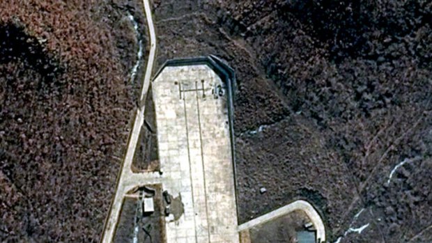 March 28, 2012, satellite image shows North Korea's Tongchang-ri launch facility. The image appears to show preparations for a long-range rocket launch, despite international objections.