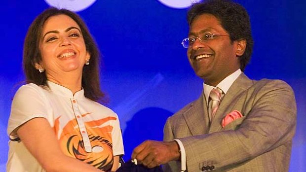 Nita Ambani (L), owner of the Mumbai Indians, with Lalit Modi, chairman and commissioner of the IPL.