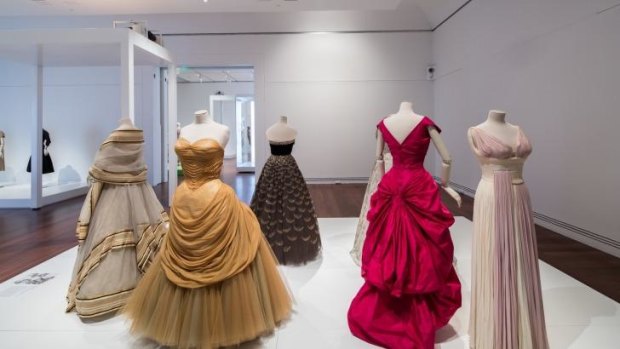 Evening gowns from <i>Masterpieces from the collection of the Musee des Arts Decoratifs, Paris</i>, Art Gallery of South Australia. From left: Jean Desses, 1954; Charles James, 1955; Christian Dior, 1951; Balenciaga, 1954 and Gres, 1960.