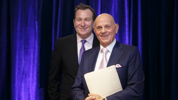 Premier retail boss Mark McInnes and Premier Investments chairman Solomon Lew at the company's AGM