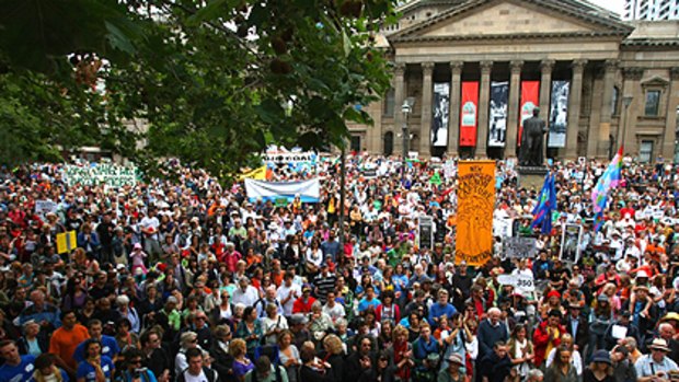An estimated 40,000 people converged outside the State Library as part of this year’s ‘‘re-energised’’ Walk Against Warming global climate rally.