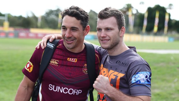 From one champion to another: Billy Slater poses with Jeff Horn last month.
