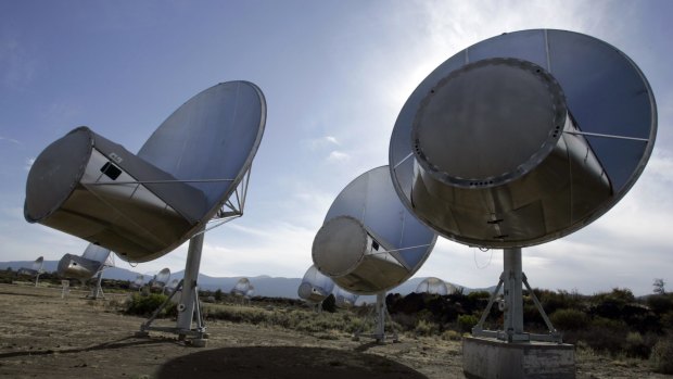 Radio telescopes of the Allen Telescope Array are seen in California. The radio dishes have scanned deep space since 2007 for alien signals.