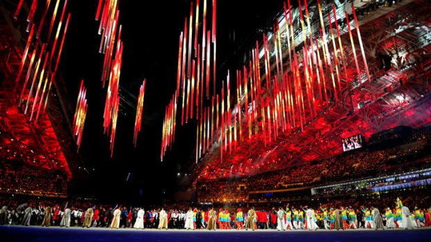 Athletes parade during the closing ceremony.