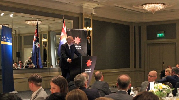 Treasurer Scott Morrison addresses a gathering of Australian business leaders at the Hyatt Regency London. 