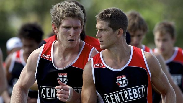 Christmas break earned: Ben McEvoy (left) and Nick Dal Santo man up during training at Moorabbin yesterday, the best pre-season for years, say players.