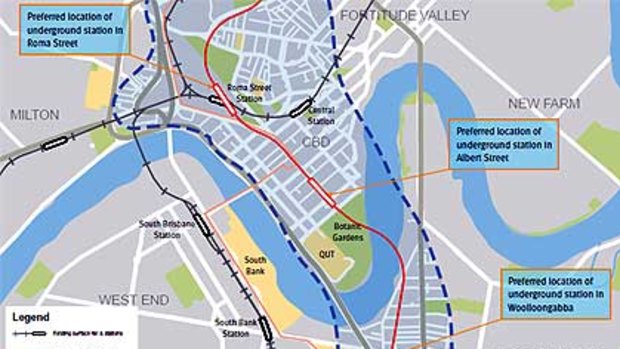 Preferred locations for inner-city stations.<B><A href= http://images.brisbanetimes.com.au/file/2010/07/13/1690646/Central%20section%20of%20study%20corridor.pdf?rand=1278984660868> CLICK HERE FOR LARGER VERSION</a></b>