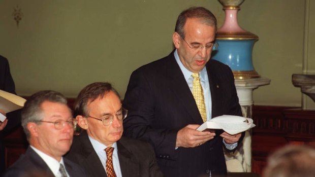 Ready to serve: Eddie Obeid is sworn in to the NSW cabinet in 1999 as Premier Bob Carr (centre) and Treasurer Michael Egan look on.